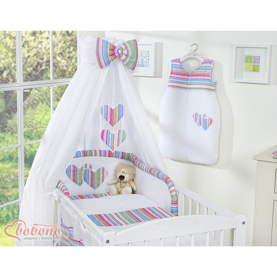 Bedding set 11-pcs with canopy and Holder - Hanging Hearts lilac stripes