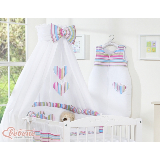 Bedding set 11-pcs with canopy and Holder - Hanging Hearts lilac stripes