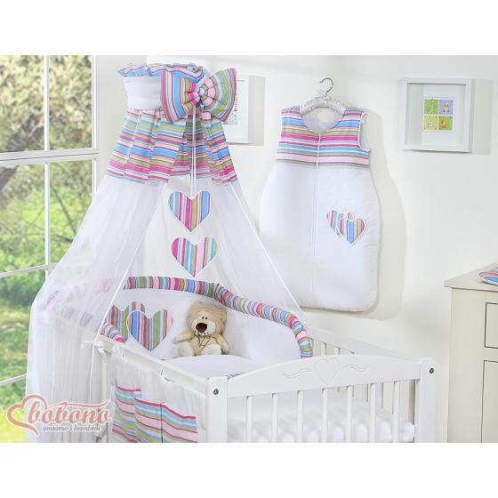 Bedding set 11-pcs with canopy and Holder - Hanging Hearts lilac stripes