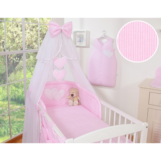 Bedding set 11-pcs with canopy and Holder - Hanging Hearts pink stripes
