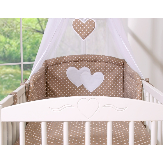 Bedding set 11-pcs with canopy and Holder - Hanging Hearts white dots on brown