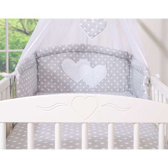 Bedding set 11-pcs with canopy and Holder - Hanging Hearts white dots on Gray
