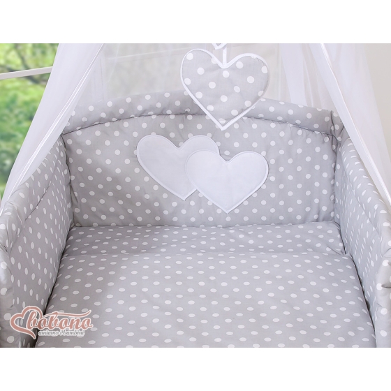 Bedding set 11-pcs with canopy and Holder - Hanging Hearts white dots on Gray