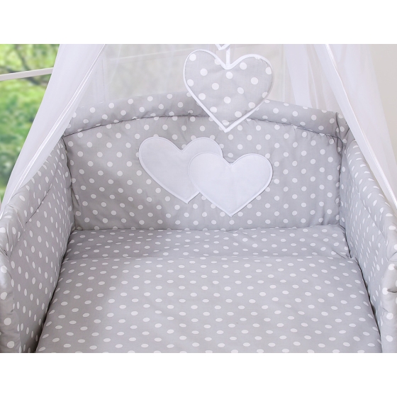 Bedding set 11-pcs with canopy and Holder - Hanging Hearts white dots on Gray