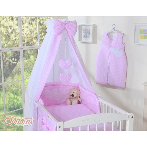 Bedding set 11-pcs with canopy and Holder - Hanging Hearts white dots on pink