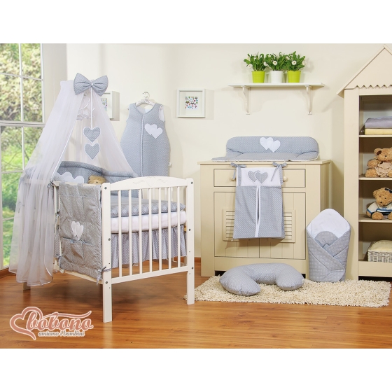 Bedding set 11-pcs with canopy and Holder - Hanging Hearts white polka dots on Gray