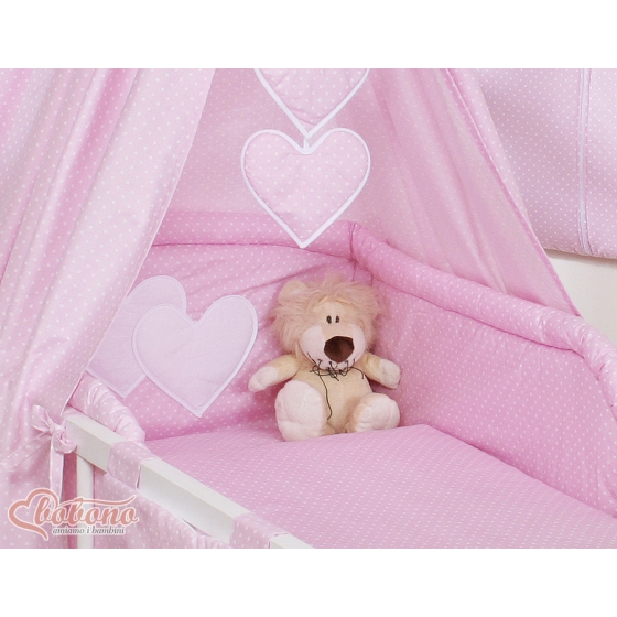 Bedding set 11-pcs with canopy and Holder - Hanging Hearts white polka dots on pink