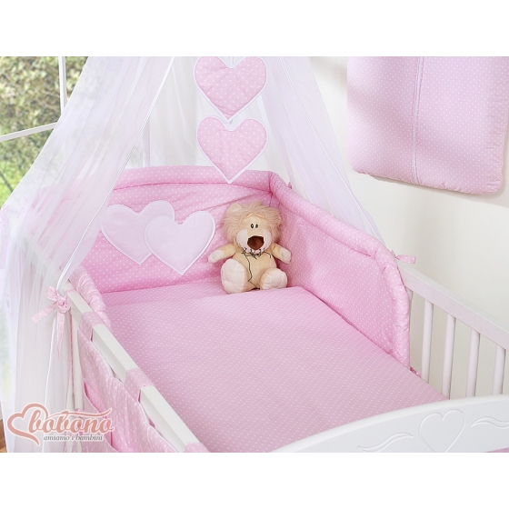Bedding set 11-pcs with canopy and Holder - Hanging Hearts white polka dots on pink