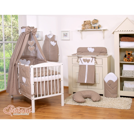 Bedding set 11-pcs with canopy- Hanging Hearts white dots on brown