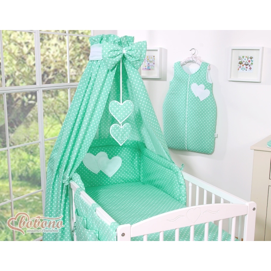 Bedding set 11-pcs with canopy- Hanging Hearts white dots on mint