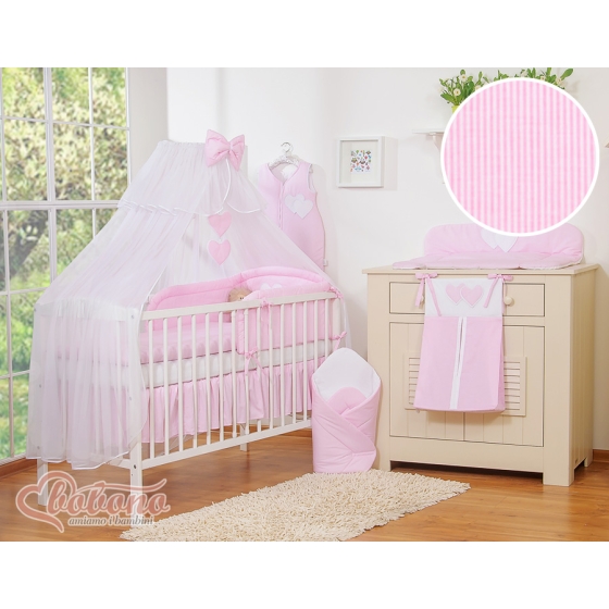 Bedding set 11-pcs with mosquito-net- Hanging Hearts pink stripes