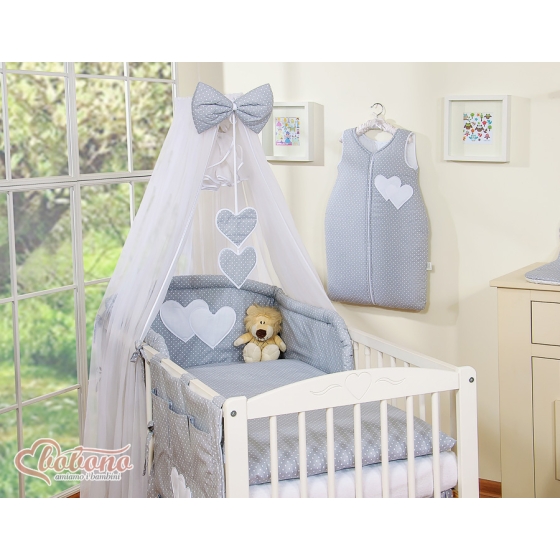Bedding set 11-pcs with mosquito-net- Hanging Hearts white dots on Gray