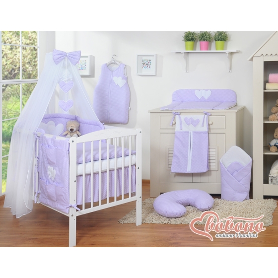Bedding set 11-pcs with mosquito-net- Hanging Hearts white polka dots on lilac
