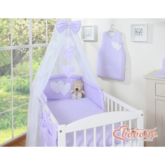Bedding set 11-pcs with mosquito-net- Hanging Hearts white polka dots on lilac