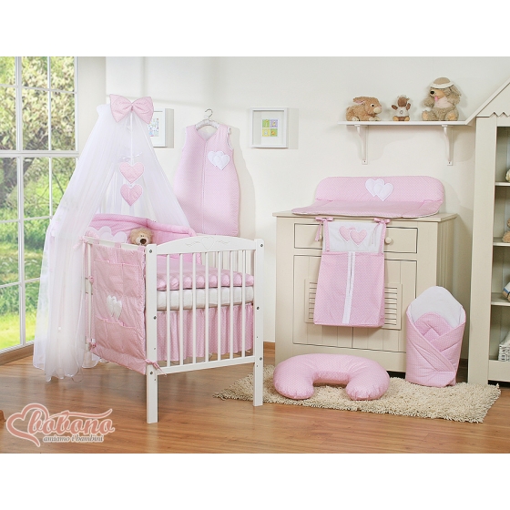 Bedding set 11-pcs with mosquito-net- Hanging Hearts white polka dots on pink