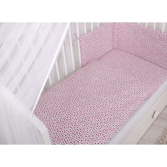 Bedding set 5-pcs bumper cases mosquito-net - -white-wine red stars