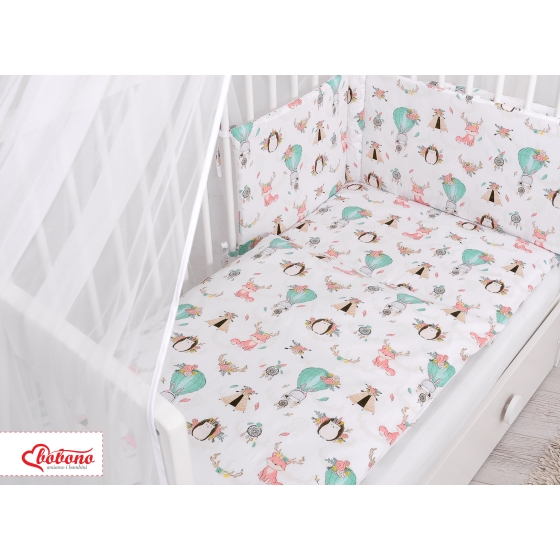 Bedding set 5-pcs bumper cases mosquito-net - foxes beige