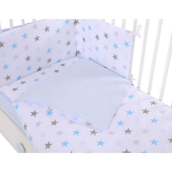 Bedding set 5-pcs bumper cases mosquito-net - gray -blue stars