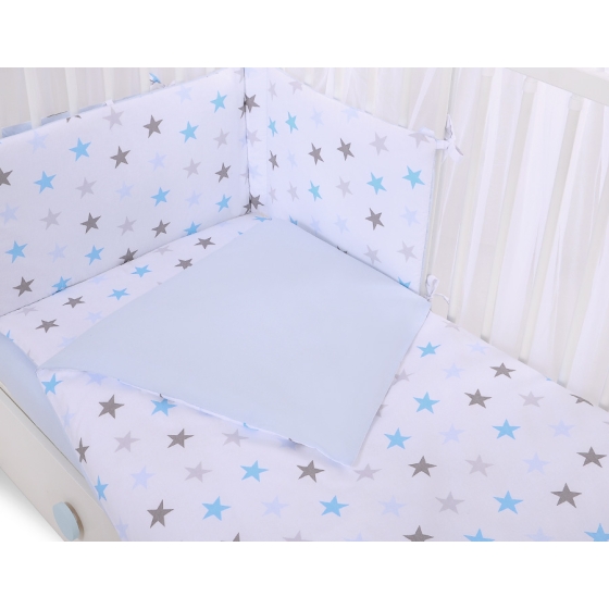 Bedding set 5-pcs bumper cases mosquito-net - gray -blue stars