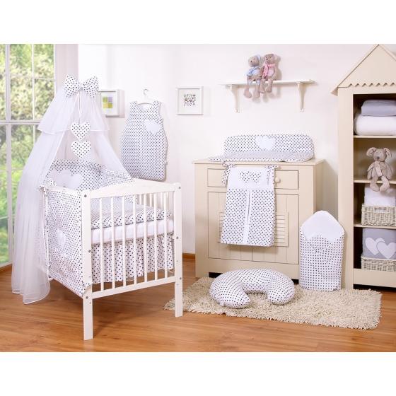 Bedding set 5-pcs bumper cases mosquito-net- Hanging Hearts black dots on white