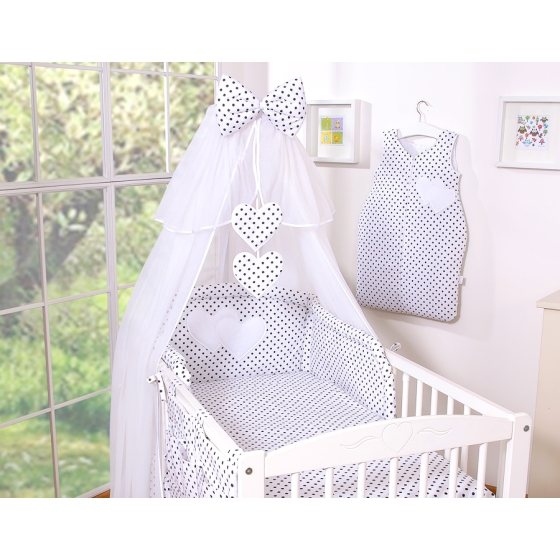 Bedding set 5-pcs bumper cases mosquito-net- Hanging Hearts black dots on white