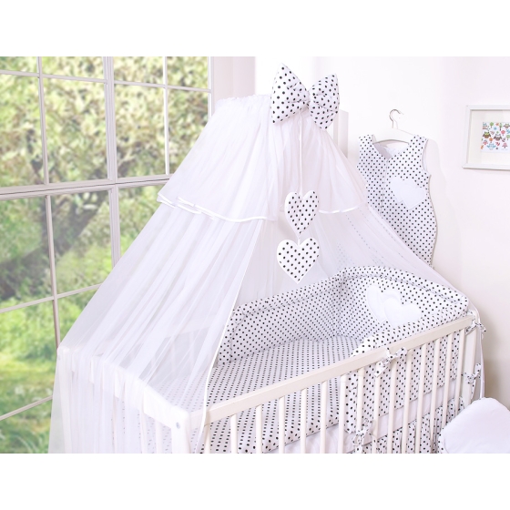 Bedding set 5-pcs bumper cases mosquito-net- Hanging Hearts black dots on white