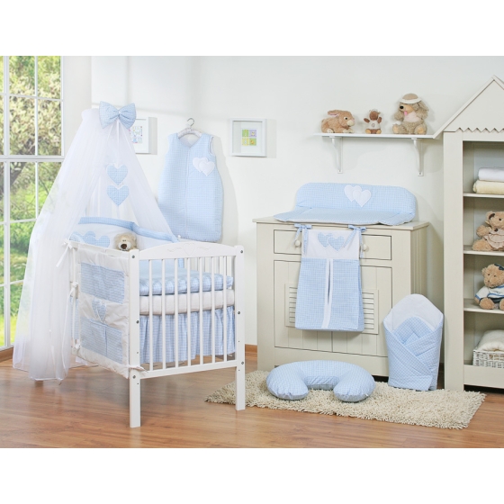 Bedding set 5-pcs bumper cases mosquito-net- Hanging Hearts blue checkered