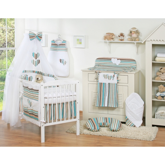 Bedding set 5-pcs bumper cases mosquito-net- Hanging Hearts brown stripes