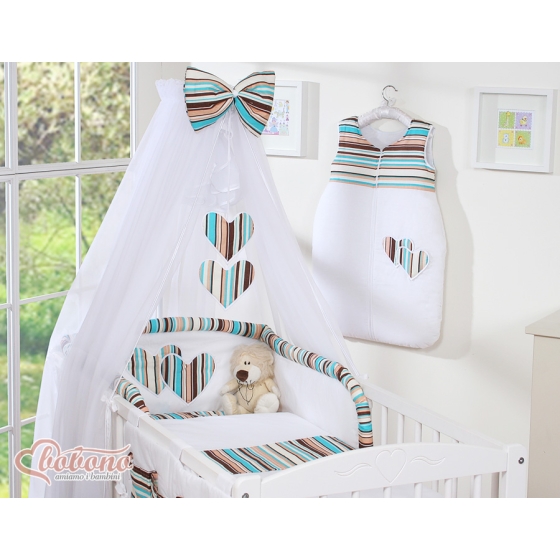Bedding set 5-pcs bumper cases mosquito-net- Hanging Hearts brown stripes