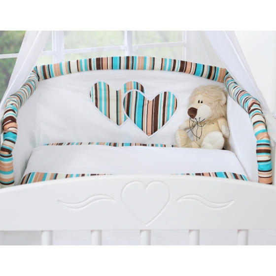 Bedding set 5-pcs bumper cases mosquito-net- Hanging Hearts brown stripes