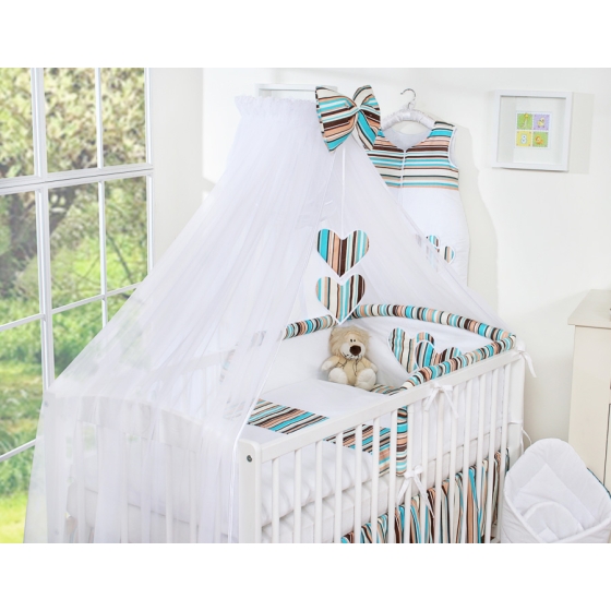 Bedding set 5-pcs bumper cases mosquito-net- Hanging Hearts brown stripes