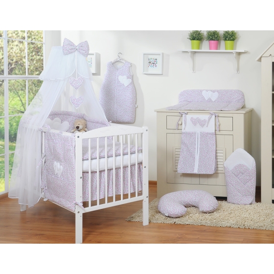 Bedding set 5-pcs bumper cases mosquito-net- Hanging Hearts pink flowers
