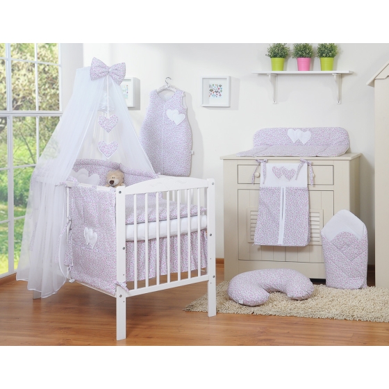 Bedding set 5-pcs bumper cases mosquito-net- Hanging Hearts pink flowers