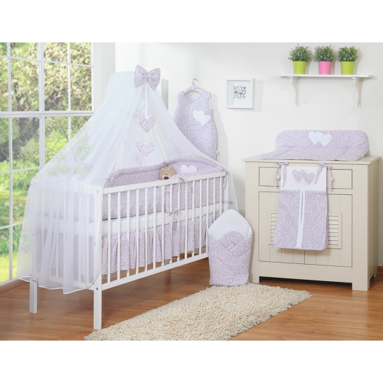 Bedding set 5-pcs bumper cases mosquito-net- Hanging Hearts pink flowers