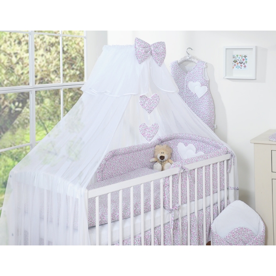 Bedding set 5-pcs bumper cases mosquito-net- Hanging Hearts pink flowers