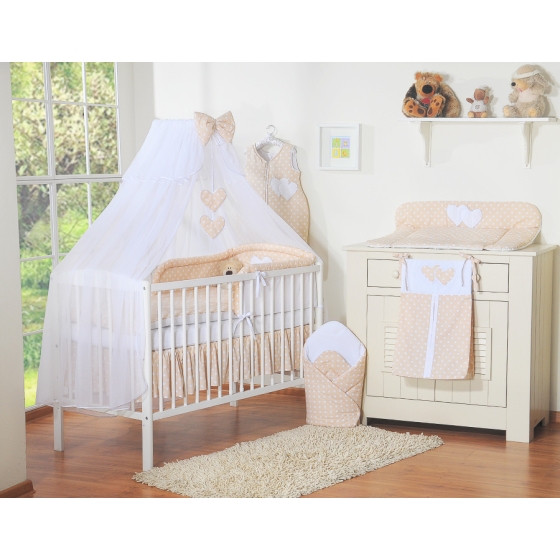 Bedding set 5-pcs bumper cases mosquito-net- Hanging Hearts white dots on beige