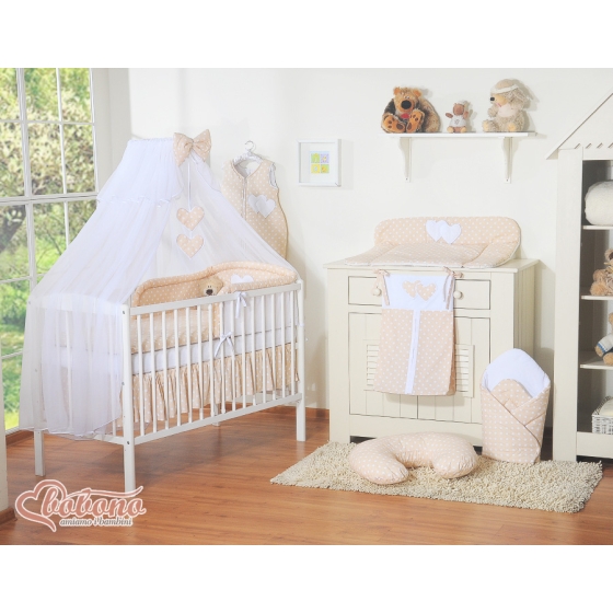 Bedding set 5-pcs bumper cases mosquito-net- Hanging Hearts white dots on beige