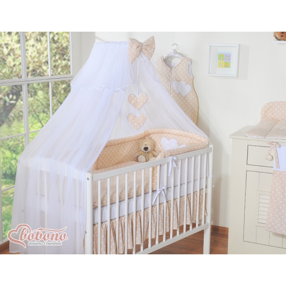 Bedding set 5-pcs bumper cases mosquito-net- Hanging Hearts white dots on beige