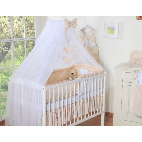 Bedding set 5-pcs bumper cases mosquito-net- Hanging Hearts white dots on beige