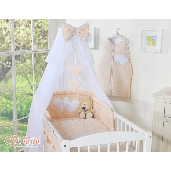 Bedding set 5-pcs bumper cases mosquito-net- Hanging Hearts white dots on beige