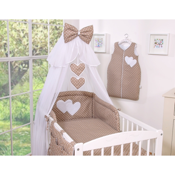 Bedding set 5-pcs bumper cases mosquito-net- Hanging Hearts white dots on brown