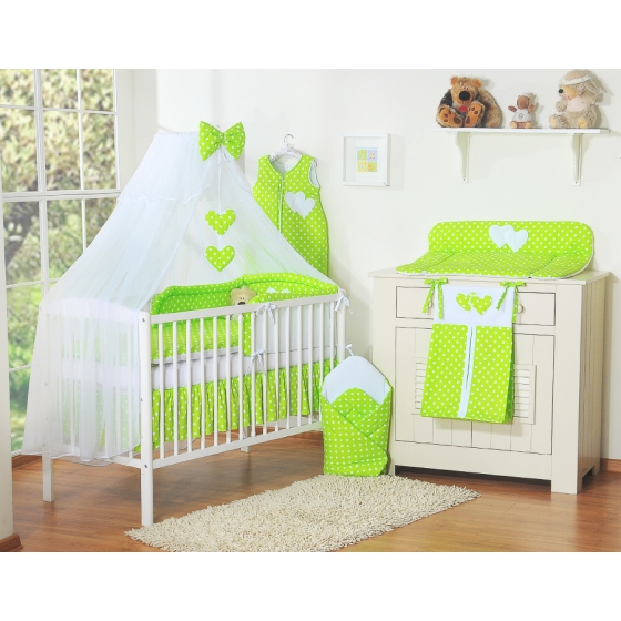 Bedding set 5-pcs bumper cases mosquito-net- Hanging Hearts white dots on green