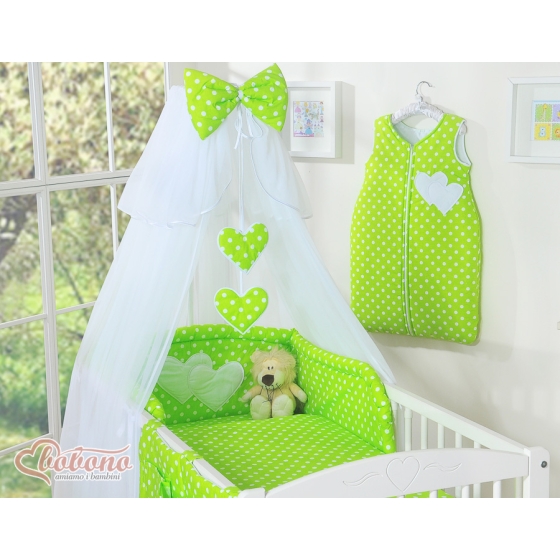 Bedding set 5-pcs bumper cases mosquito-net- Hanging Hearts white dots on green