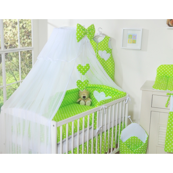 Bedding set 5-pcs bumper cases mosquito-net- Hanging Hearts white dots on green