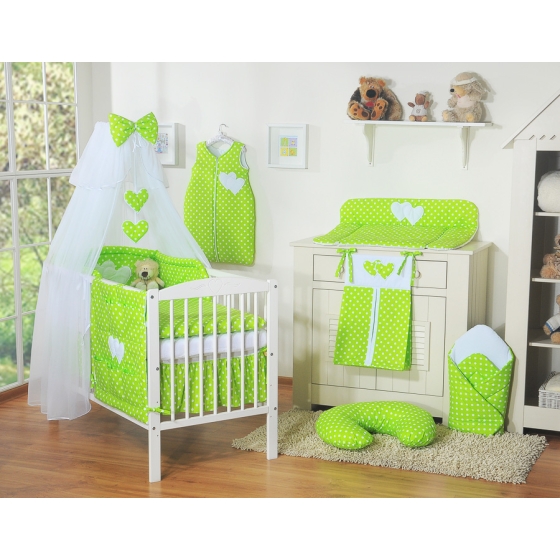 Bedding set 5-pcs bumper cases mosquito-net- Hanging Hearts white dots on green