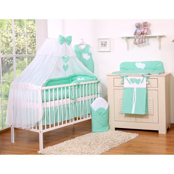 Bedding set 5-pcs bumper cases mosquito-net- Hanging Hearts white dots on mint