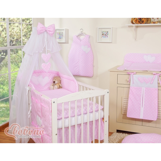 Bedding set 5-pcs bumper cases mosquito-net- Hanging Hearts white dots on pink