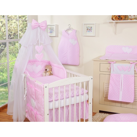 Bedding set 5-pcs bumper cases mosquito-net- Hanging Hearts white dots on pink