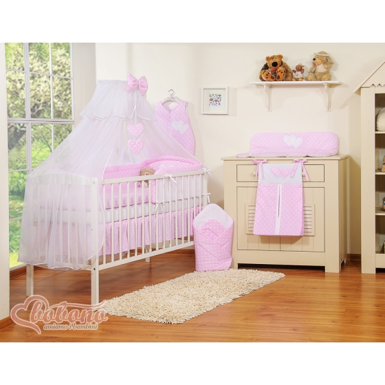 Bedding set 5-pcs bumper cases mosquito-net- Hanging Hearts white dots on pink
