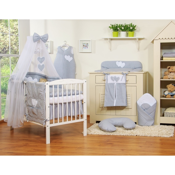 Bedding set 5-pcs bumper cases mosquito-net- Hanging Hearts white polka dots on Gray